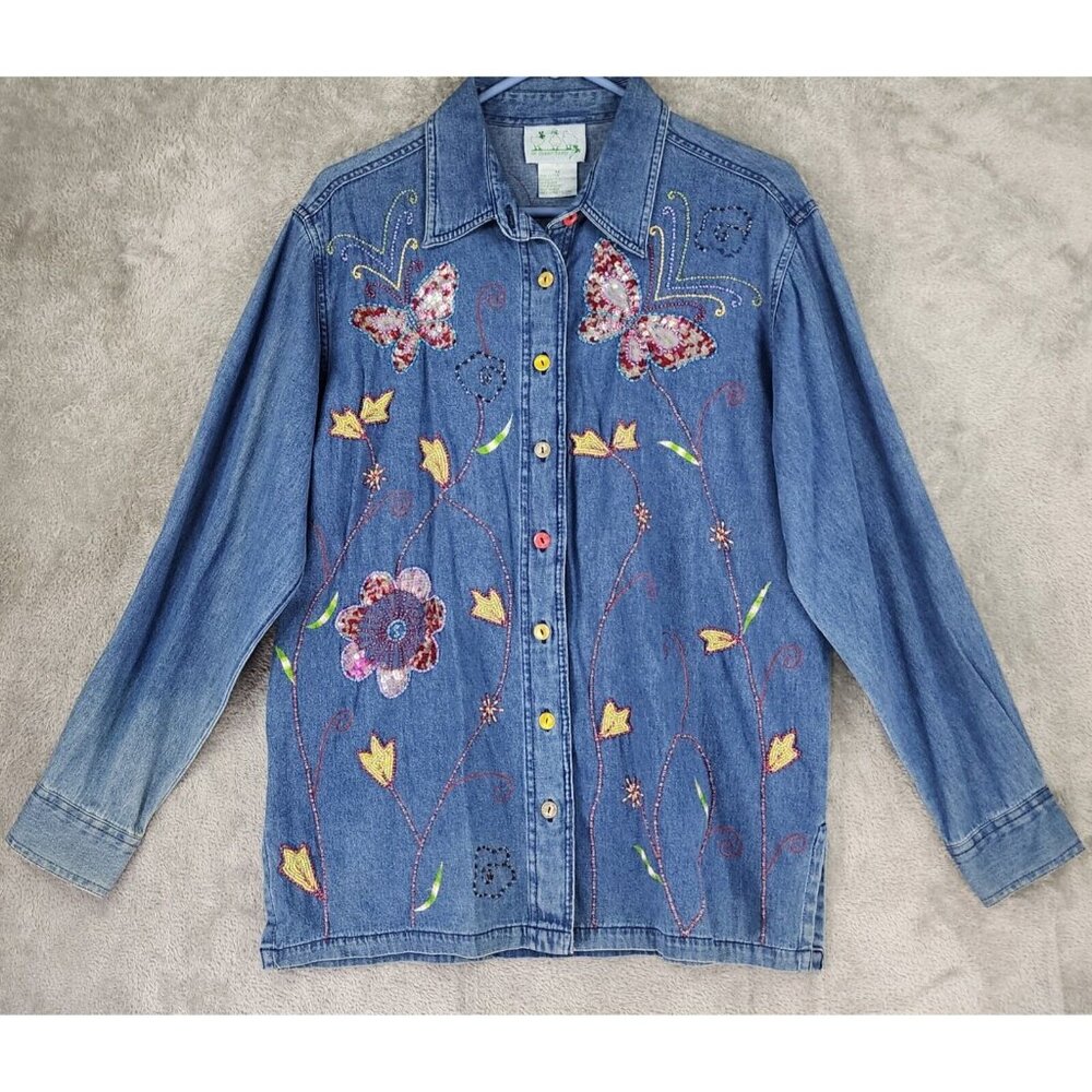 The Quacker Factory Shirt Womens Medium Blue Beaded Butterfly Button Up Vintage